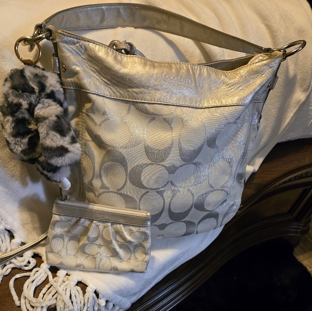 Coach Zoe Silver and Gray Signature Bag Set